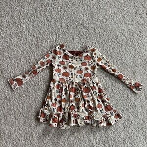 Cream Long-Sleeve Pumpkin Print Ruffle Dress for Girls